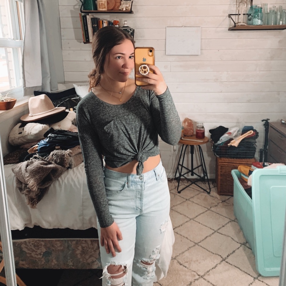 Simple Grey Pocket Long Sleeve Shirt
